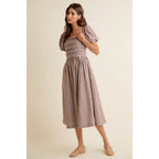 Brown GINGHAM LACE TRIM PUFF SLEEVES LINED MIDI DRESS