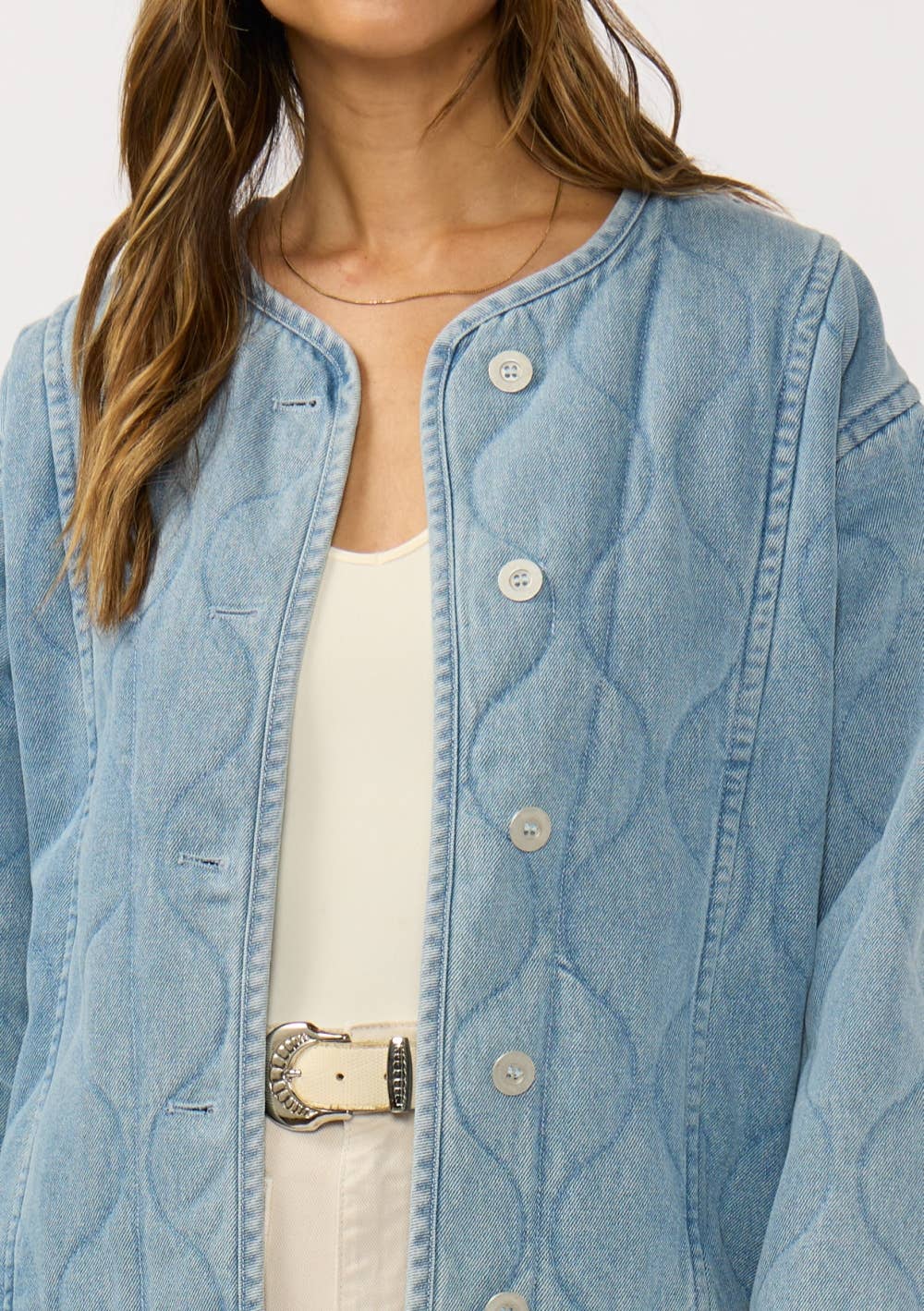 Quilted Denim Jacket With Pockets: BLUE