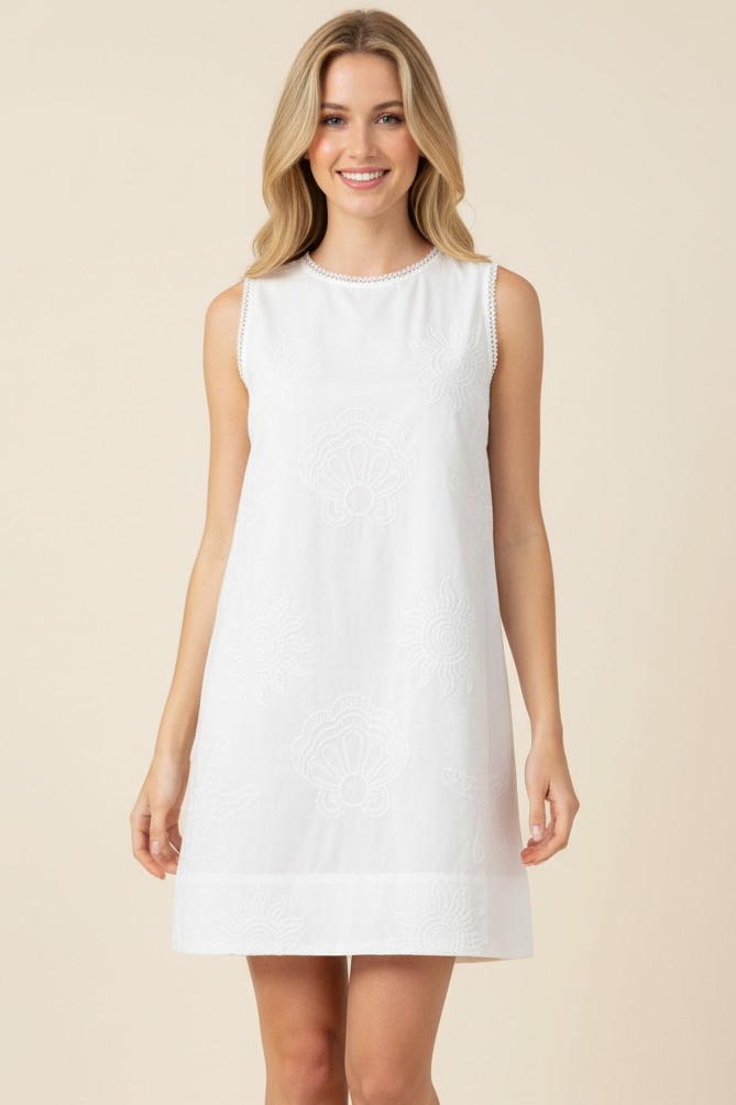 White SEASIDE EMBROIDERED SLEEVELESS MINI DRESS