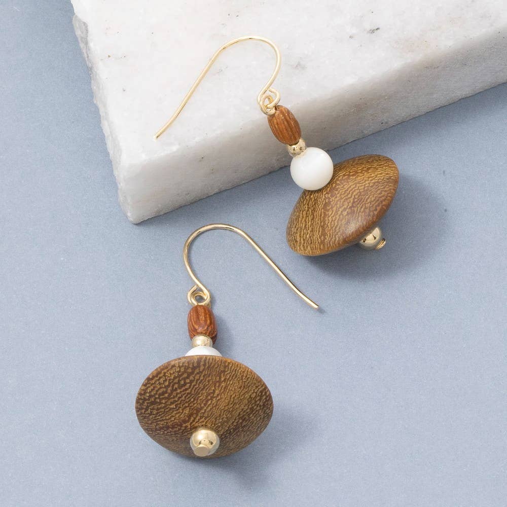 Wood Bead Natural Disc Drop Earrings