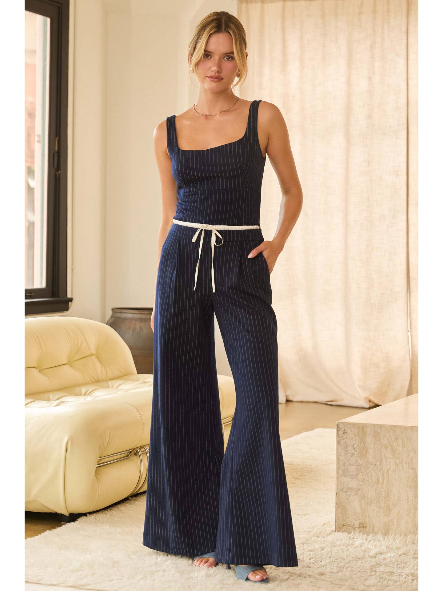 NAVY WHITE Pinstripe Double Waist Wide Leg Trousers