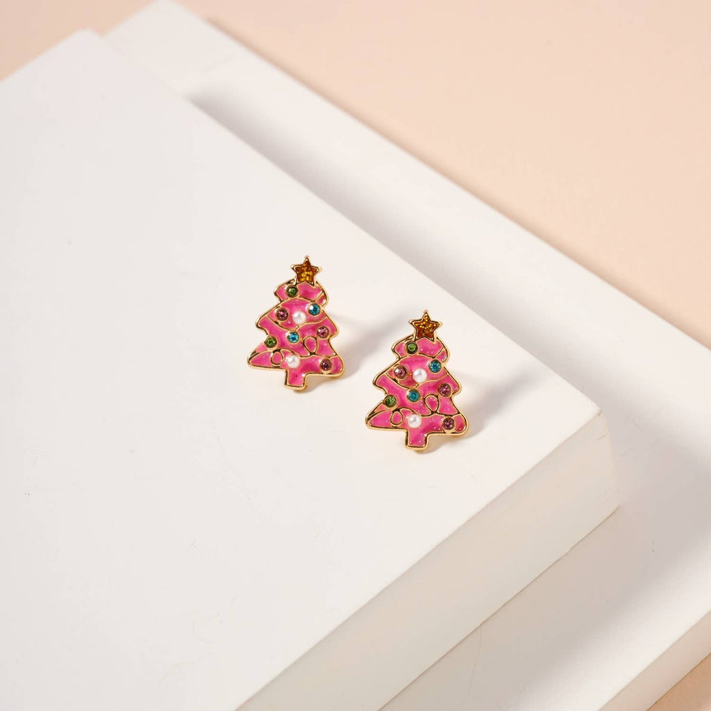 Christmas Tree Enamel Stud Earrings: Pink