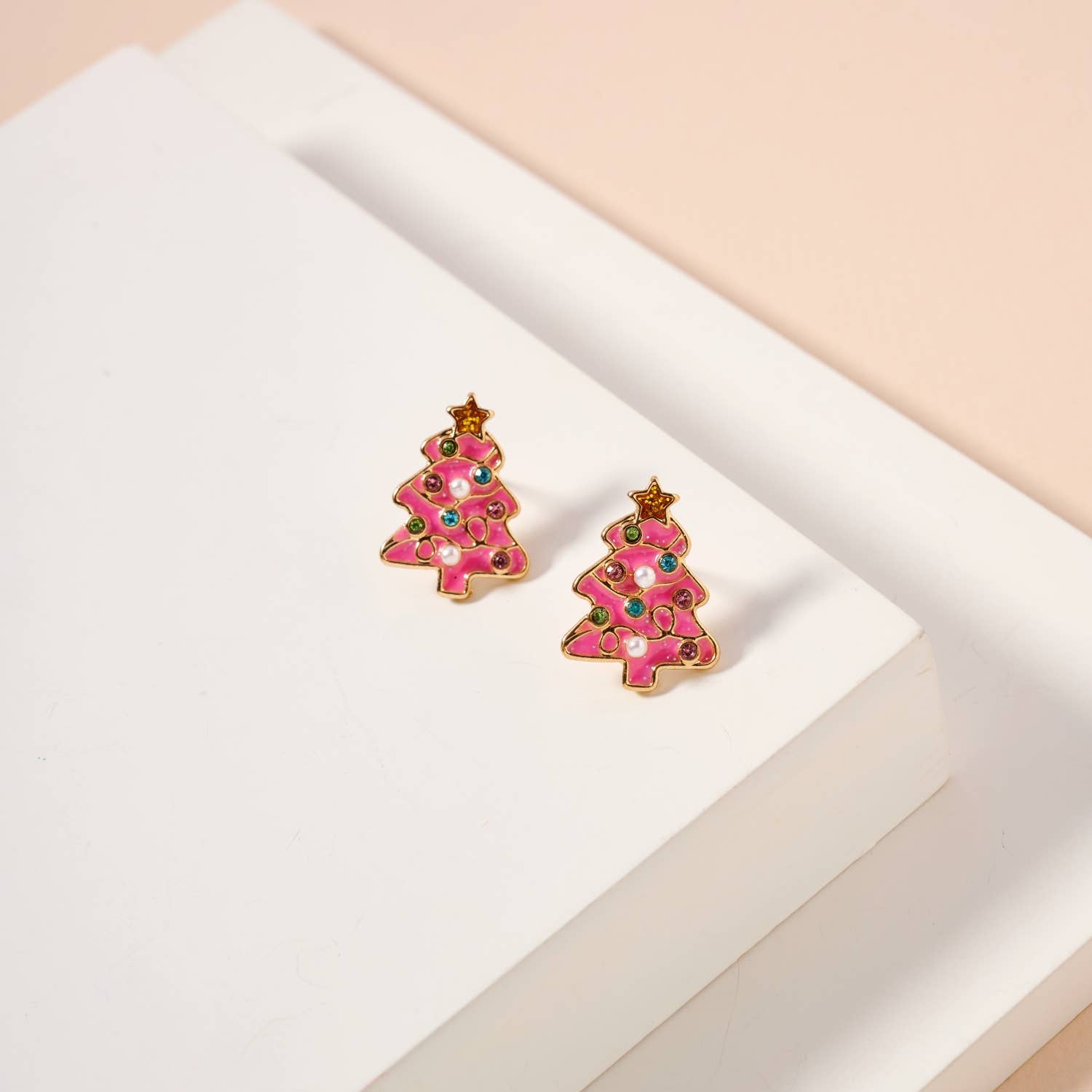Christmas Tree Enamel Stud Earrings: Pink