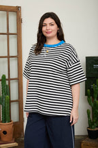 PLUS STRIPE COLORBLOCK DETAIL SHORT SLEEVE KNIT T-SHIRT : NAVY MULTI