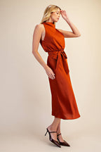 RUST Cowl Neck Sleeveless Waist Tie Midi Dress