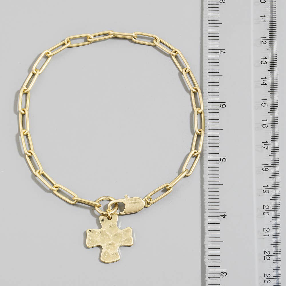 Hammered Square Cross Charm Paperclip Chain Bracelet: WG