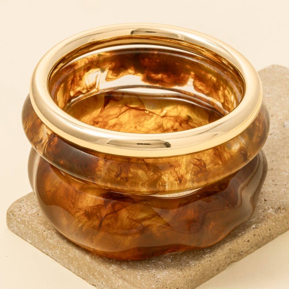 Metallic Tube And Wide Marble Resin Bangle Bracelet Set: KA