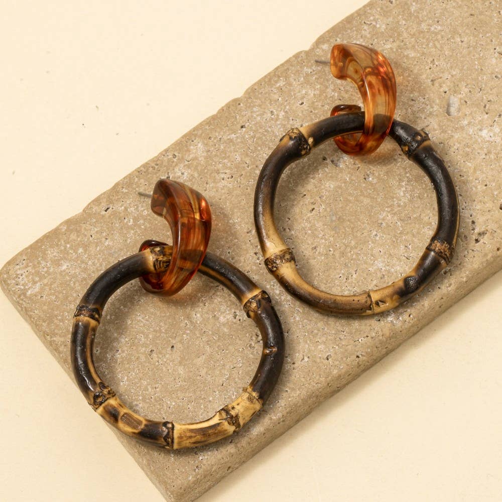 Marble Resin And Bamboo Hoop Dangle Earrings: RN