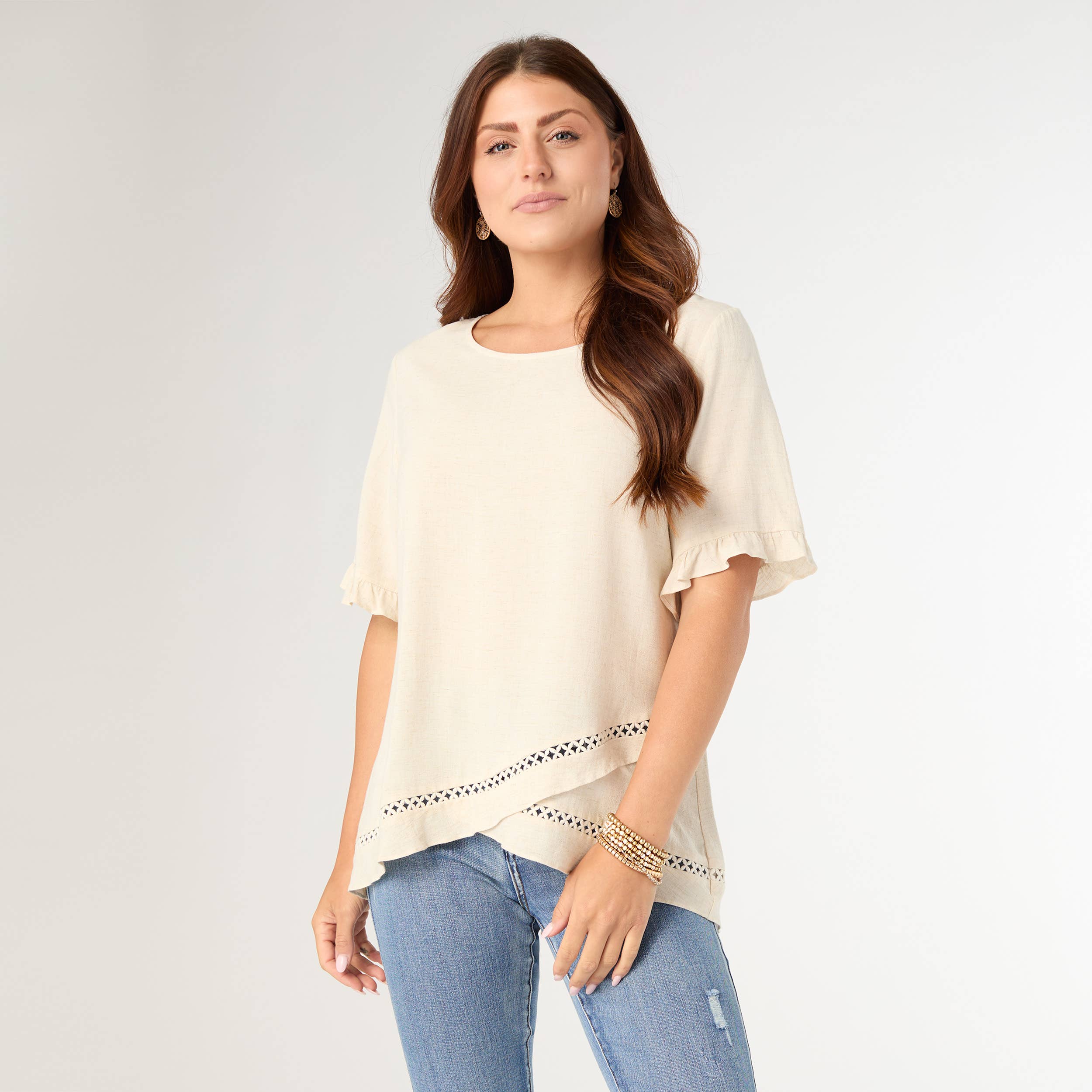 Layla Short Sleeve Crossover Ruffle Top: Natural