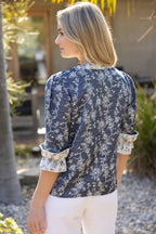 NAVY CONTRAST BAND FLORAL PRINTED COTTON JACQUARD  TOP
