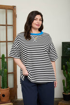 PLUS STRIPE COLORBLOCK DETAIL SHORT SLEEVE KNIT T-SHIRT : NAVY MULTI