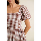 Brown GINGHAM LACE TRIM PUFF SLEEVES LINED MIDI DRESS
