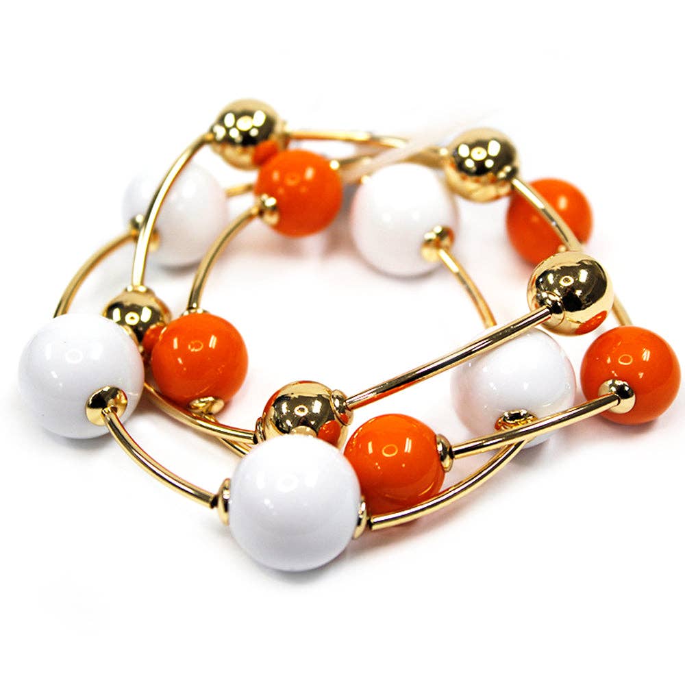 Orange and White with Gold Ball Set of 2 Stretch Bracelets