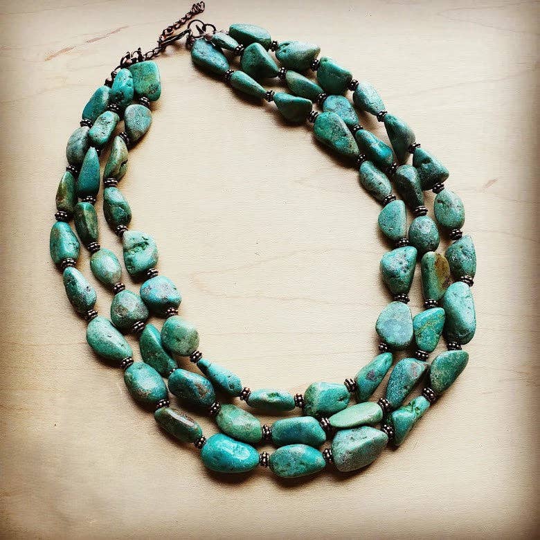 **Large Triple Strand Natural Turqu & Wood Collar Necklace
