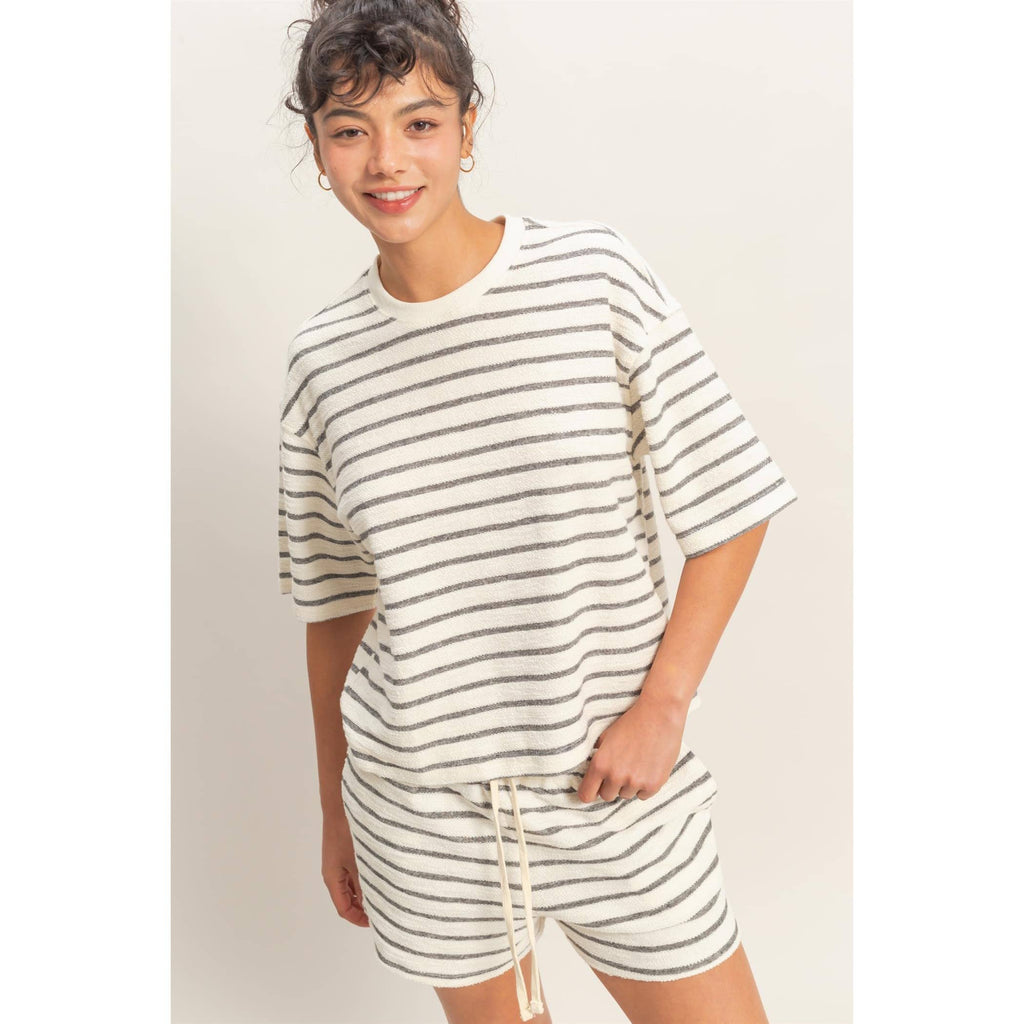 BLACK Striped Short Sleeve Terry SHORT SET