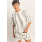 BLACK Striped Short Sleeve Terry SHORT SET