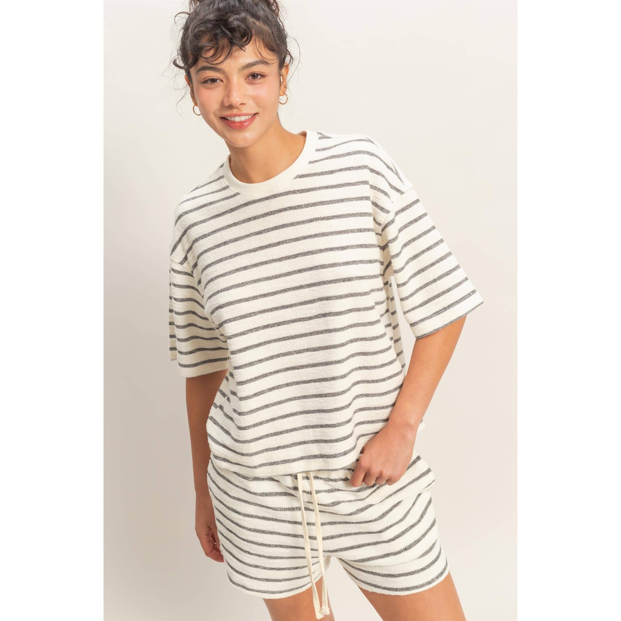 BLACK Striped Short Sleeve Terry SHORT SET