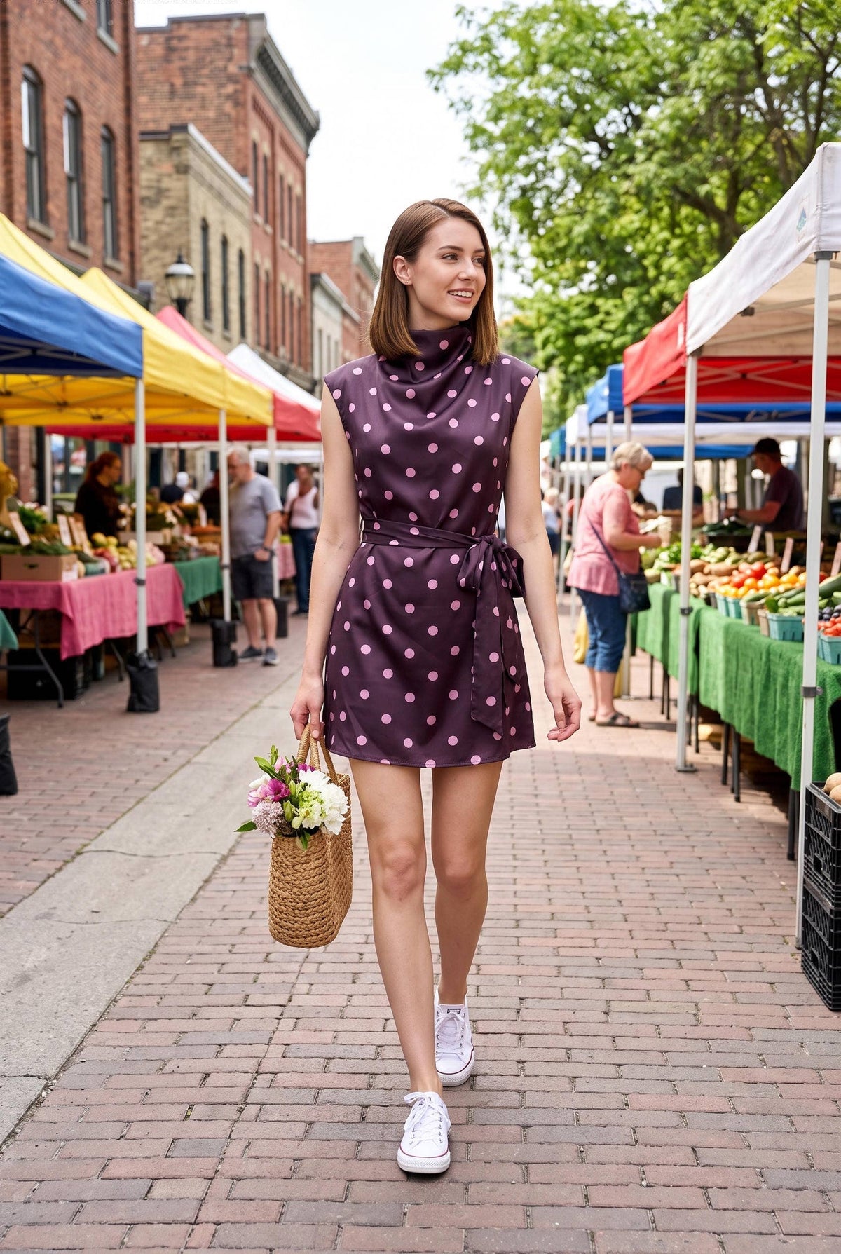 Plum Polka Dot Mock Neck Mini Dress