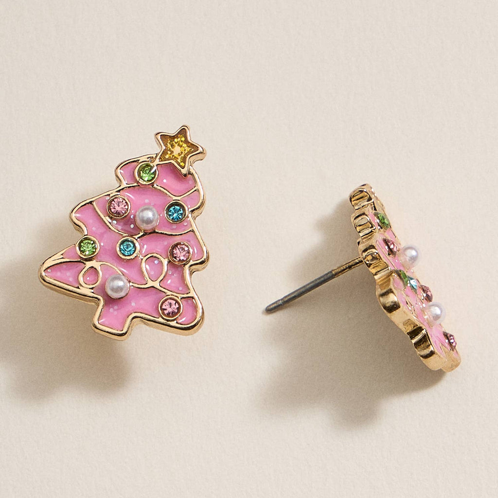 Christmas Tree Enamel Stud Earrings: Pink