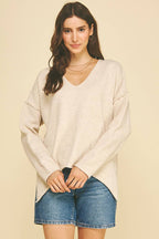 OATMEAL V-NECK EXPOSED SEAM SWEATER