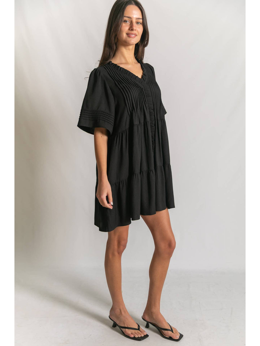 Black Pintuck Detail Mini Dress
