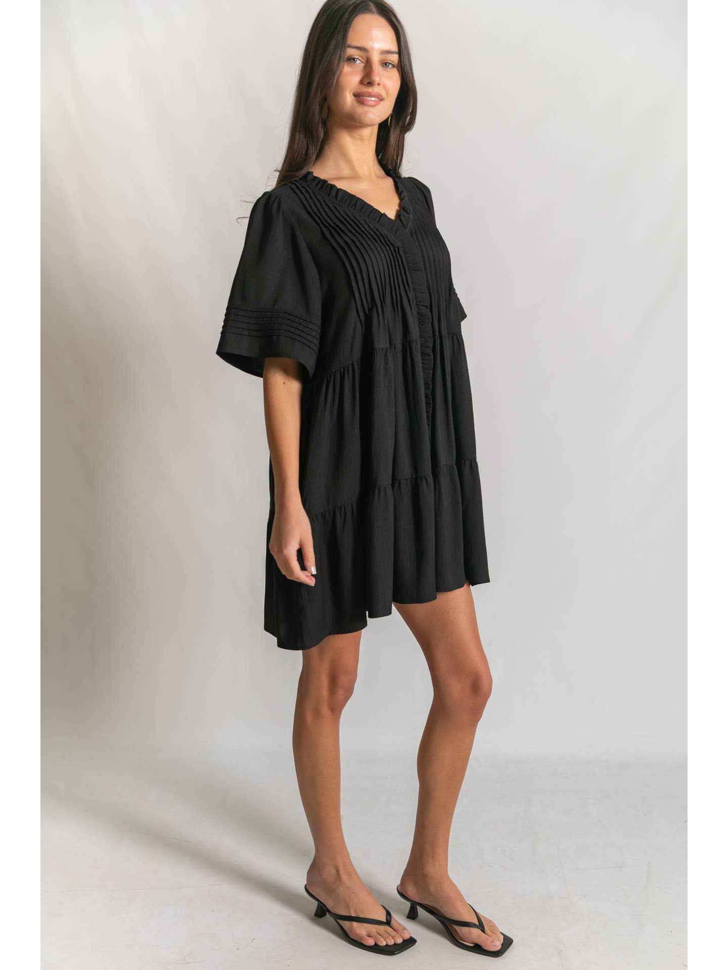 Black Pintuck Detail Mini Dress