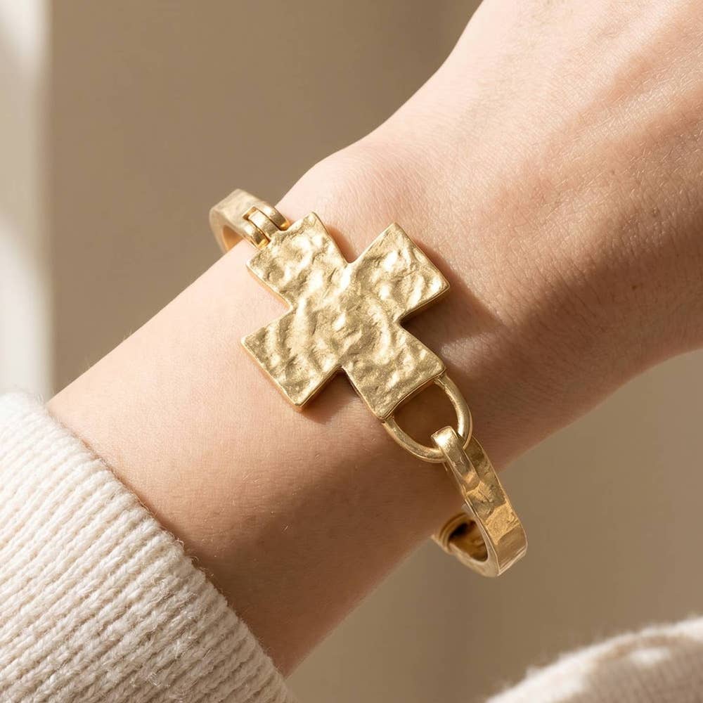 Gold Hammered Cross Hinge Bangle Bracelet