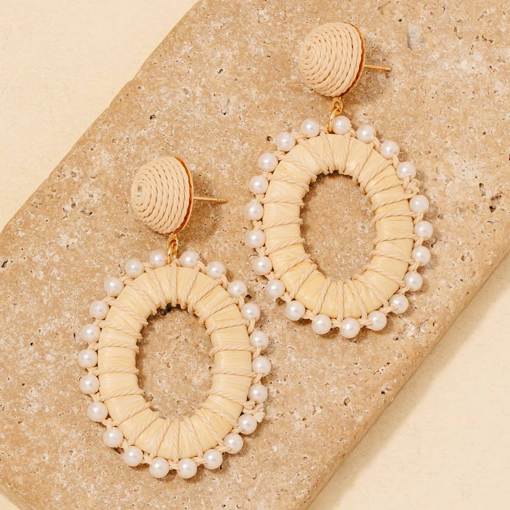 Pearl Beads Rattan Wrap Oval Hoop Dangle Earrings: MIVG4