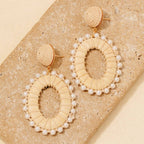 Pearl Beads Rattan Wrap Oval Hoop Dangle Earrings: MIVG4