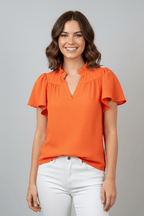 Orange Tera Short Sleeve  Ruffle Game Day Top