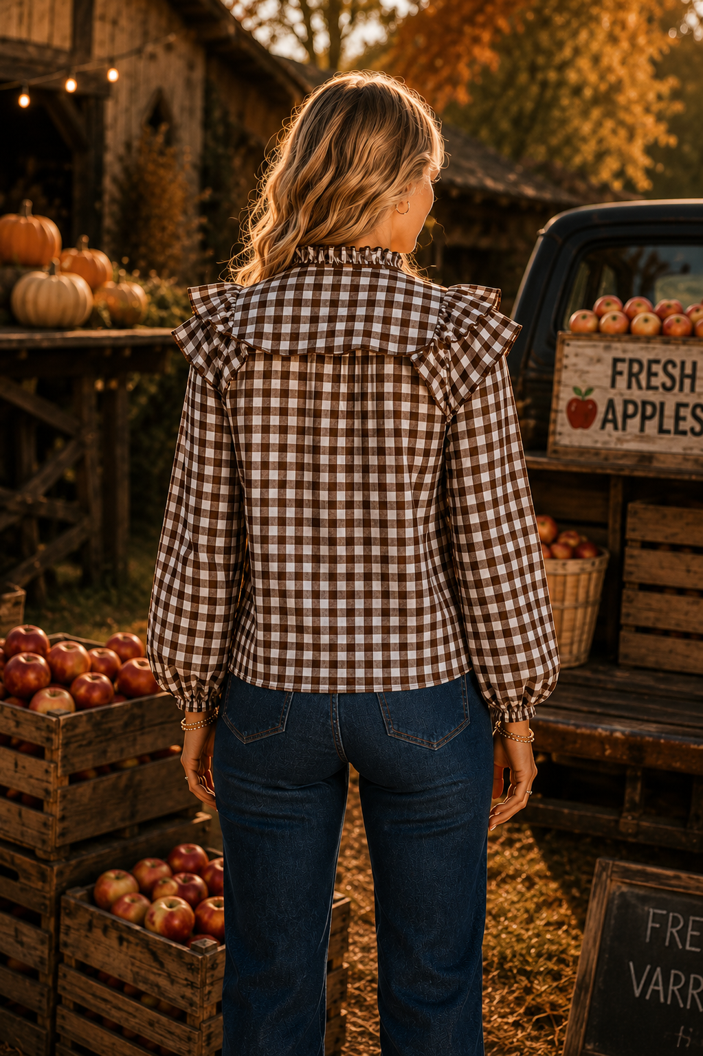 CHOCOLATE BROWN Ruffle Collar Gingham Tie Neck Blouse
