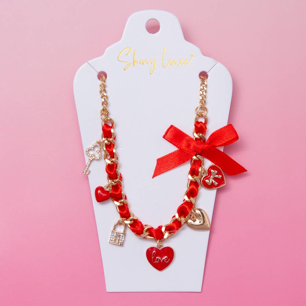 Lock and Key Heart Charm Fabric Link Necklace