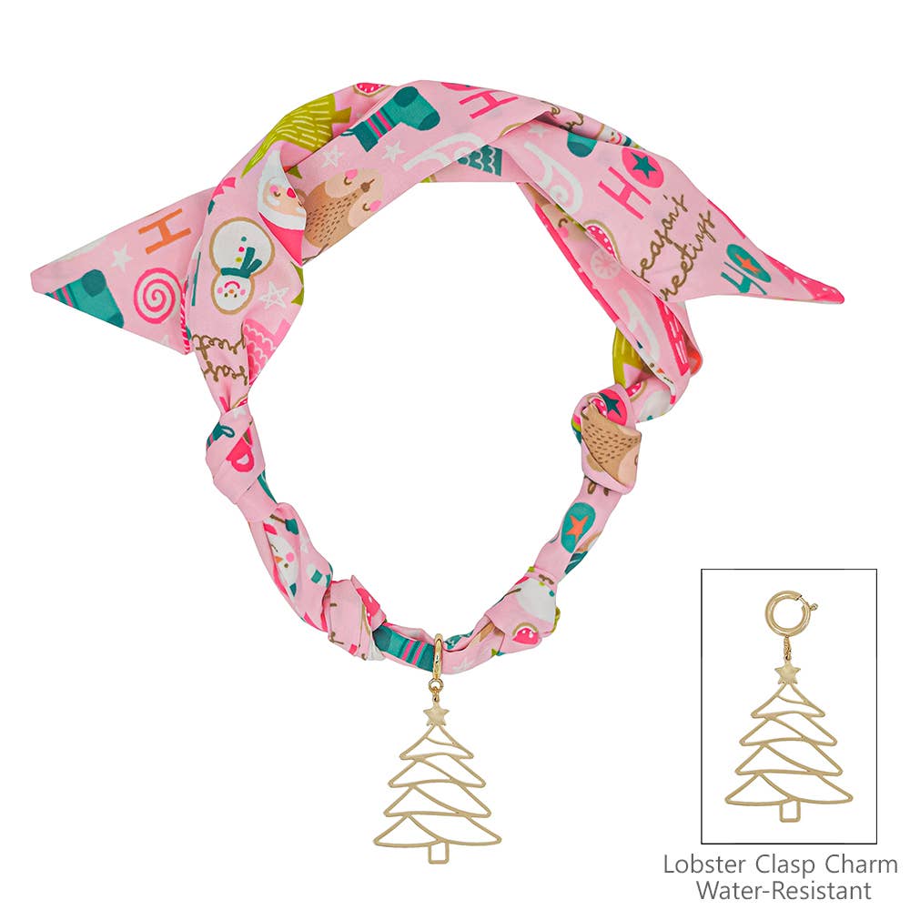 Pink Christmas tree Printed Silk Knotted Scarf Necklace 