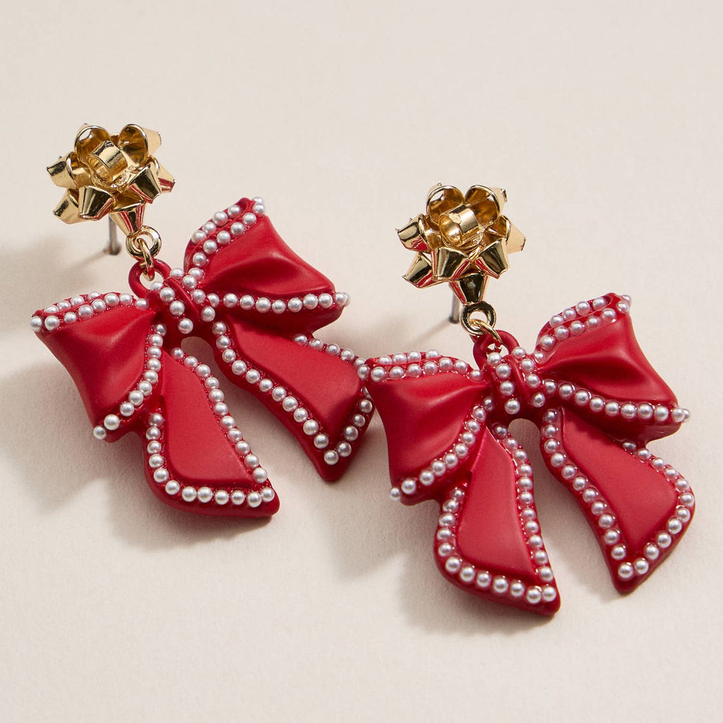 Christmas Bow Enamel Dangling Earrings: Red