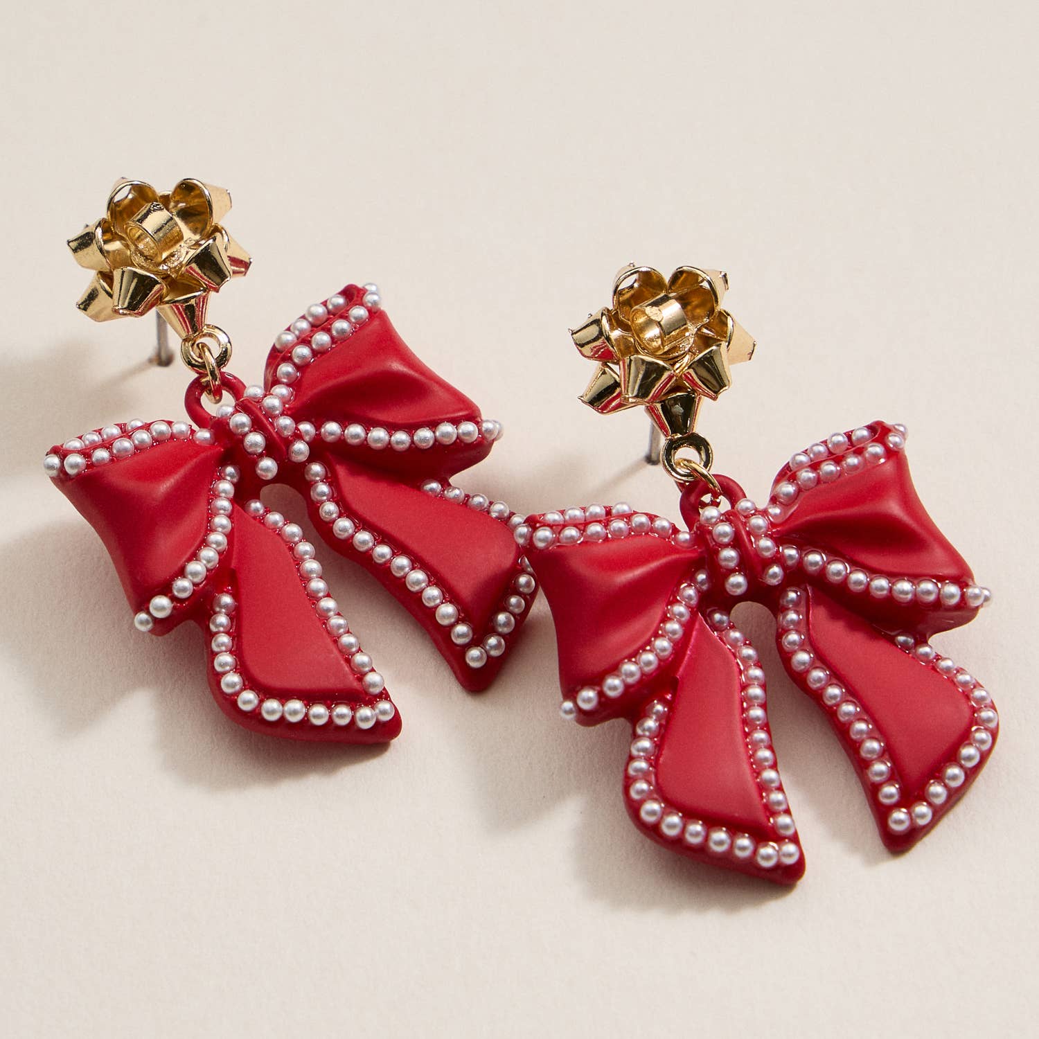 Christmas Bow Enamel Dangling Earrings: Red