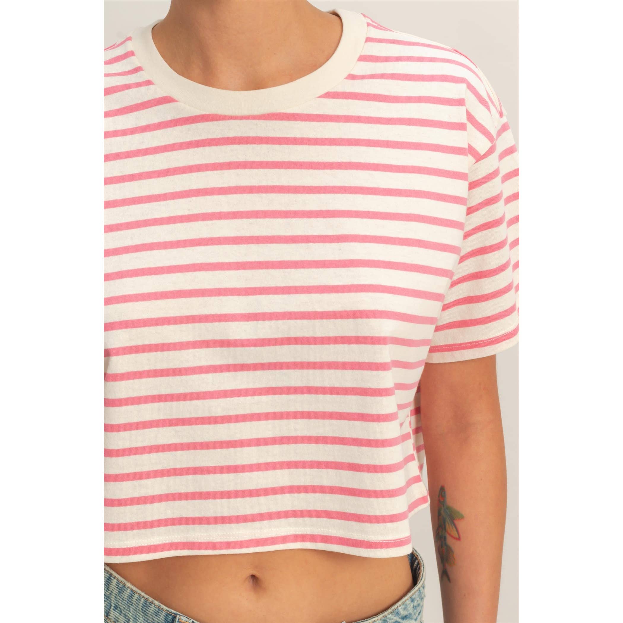 PINK Striped Oversized Short Sleeve Cropped Tee: