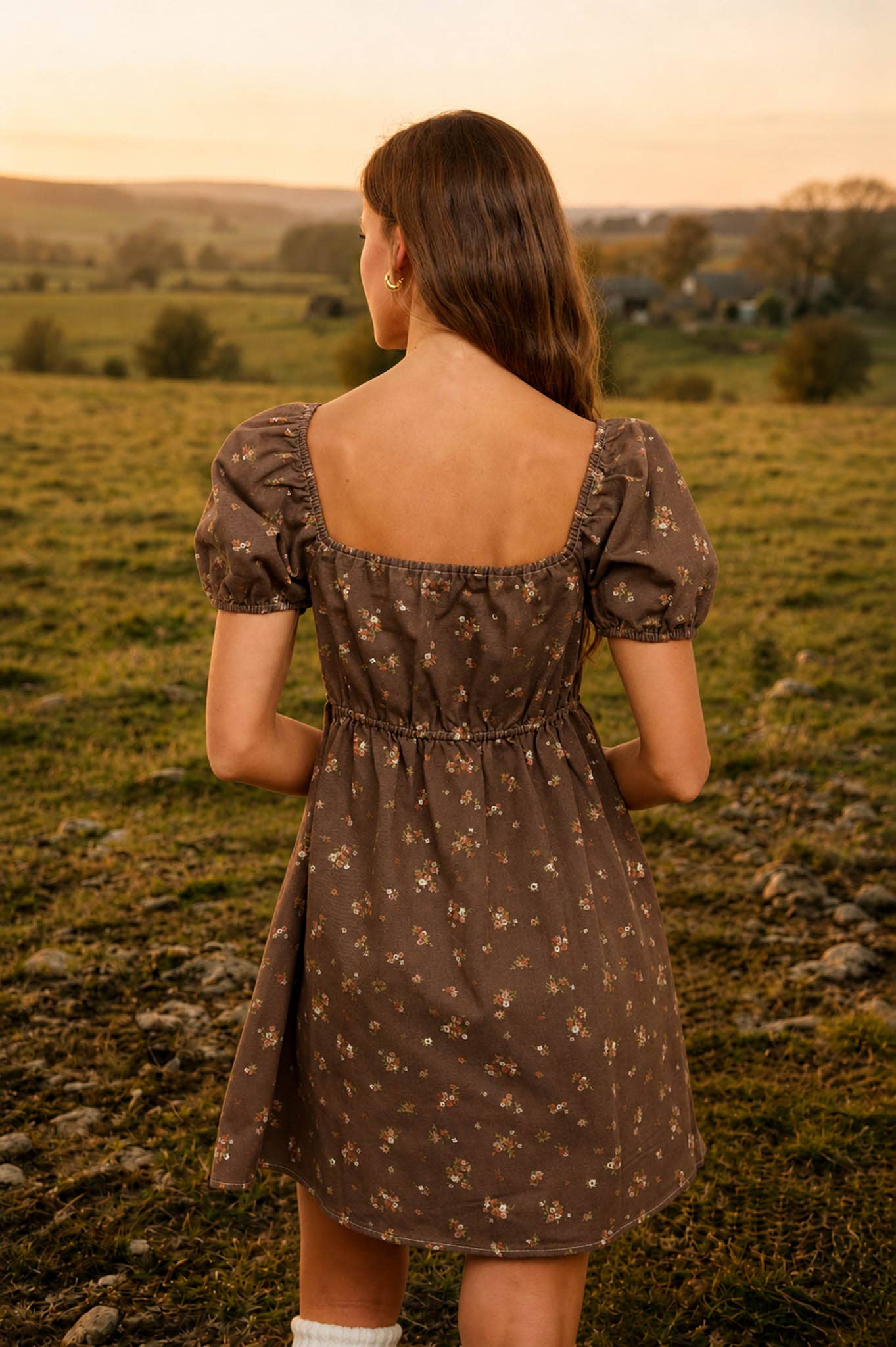 BROWN DITSY FLORAL PUFF SLEEVE SQUARE NECK MINI DRESS