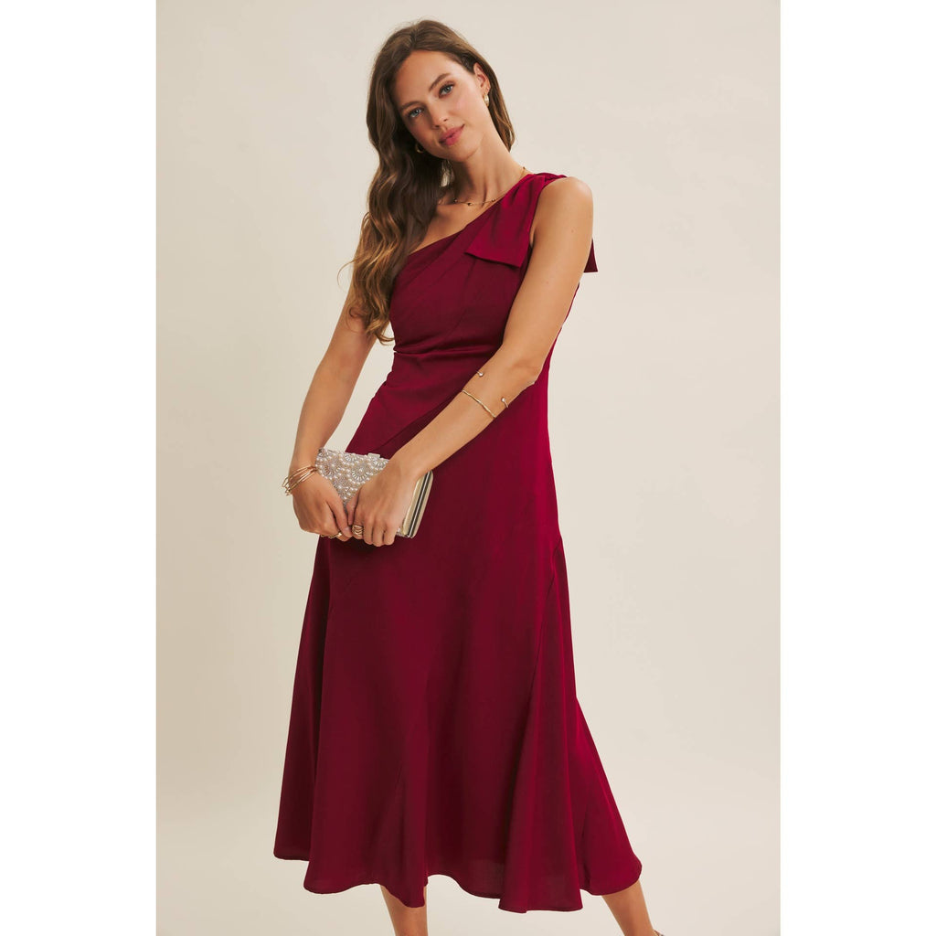 BURGUNDY HOLIDAY GLAM ONE-SHOULDER MIDI DRESS WITH SLANTED SEAMWORK