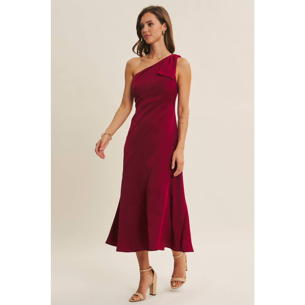 BURGUNDY HOLIDAY GLAM ONE-SHOULDER MIDI DRESS WITH SLANTED SEAMWORK