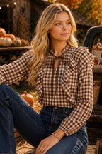 CHOCOLATE BROWN Ruffle Collar Gingham Tie Neck Blouse