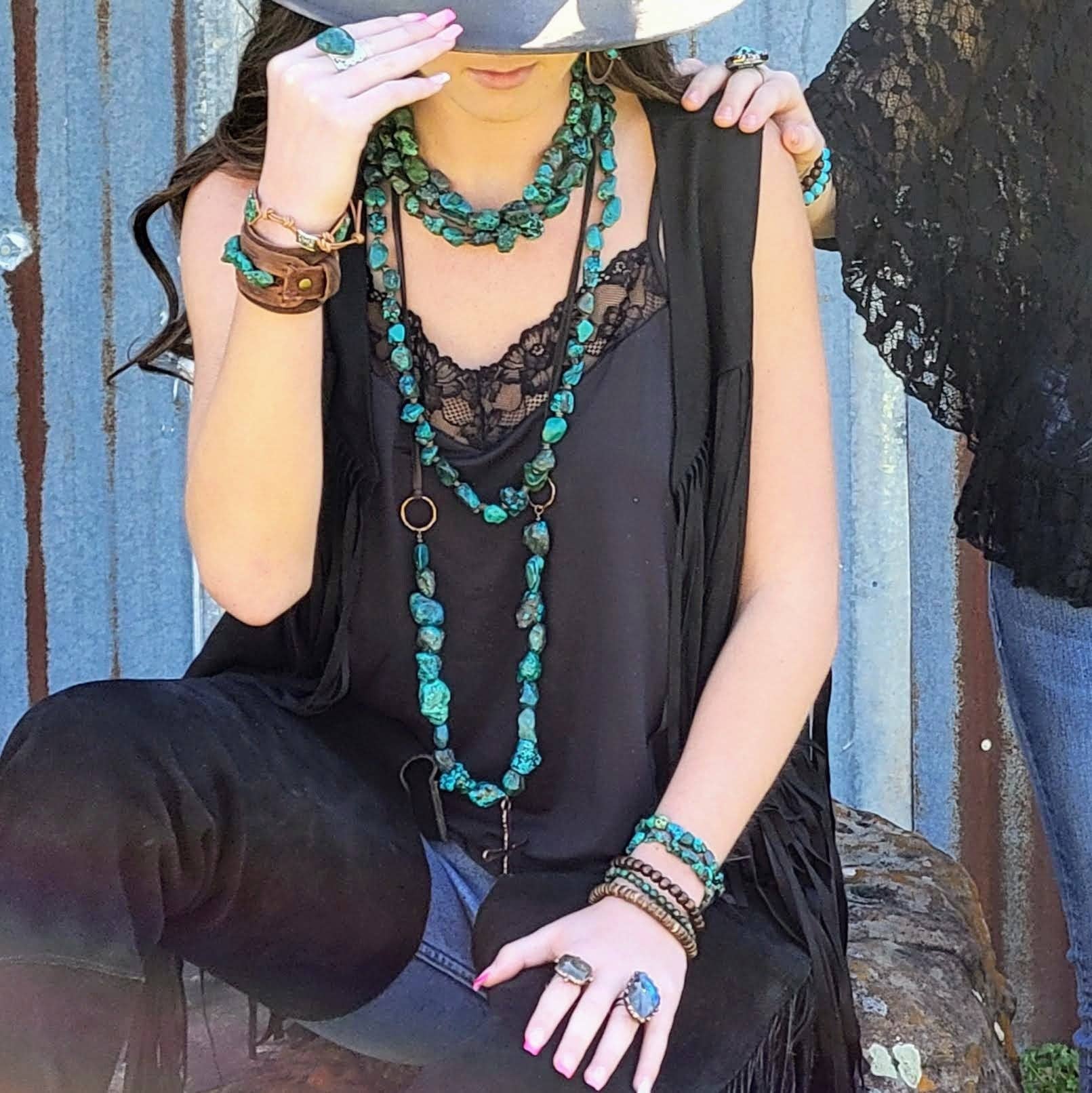 **Large Triple Strand Natural Turqu & Wood Collar Necklace