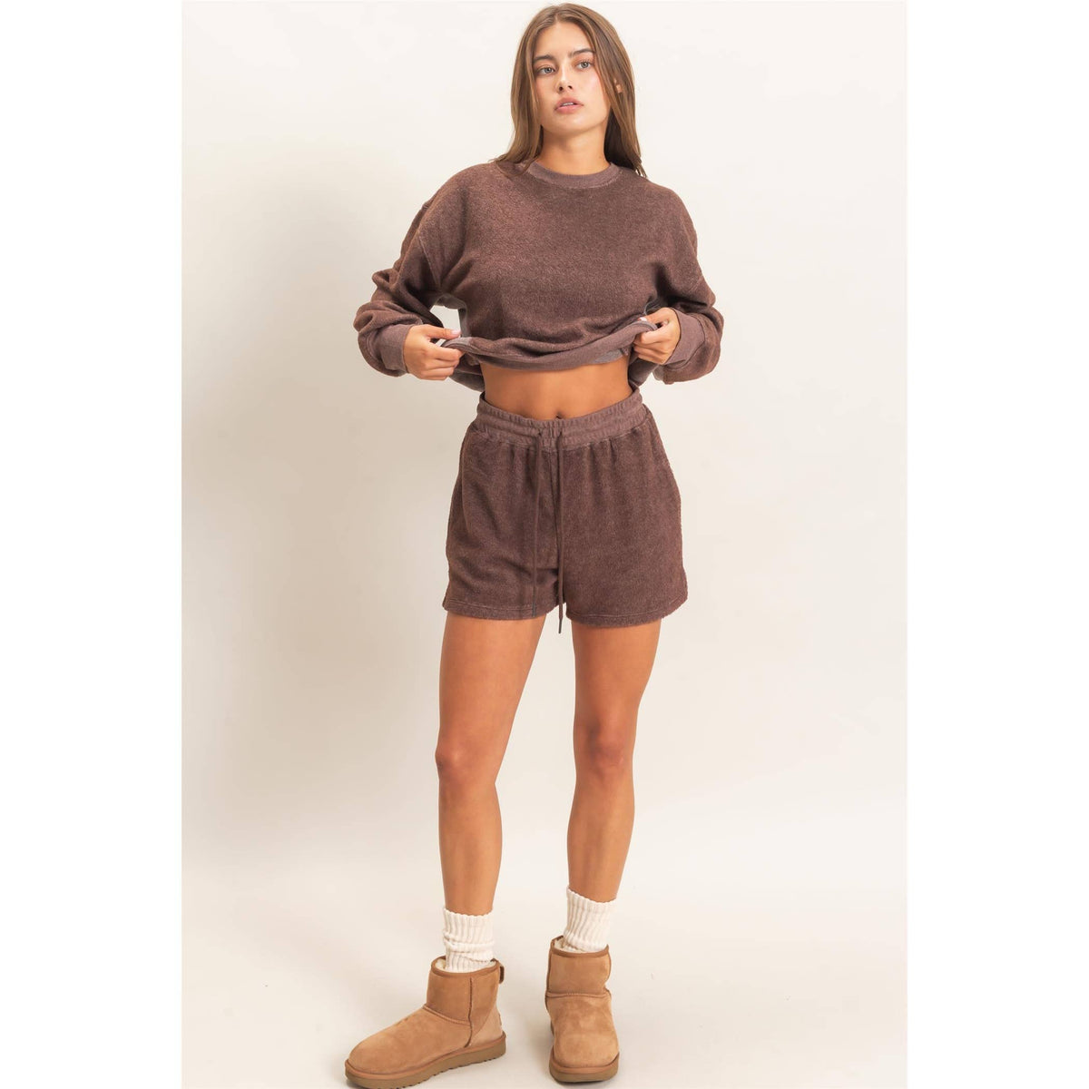 DARK BROWN Contrast Sweatshirt & Shorts Set