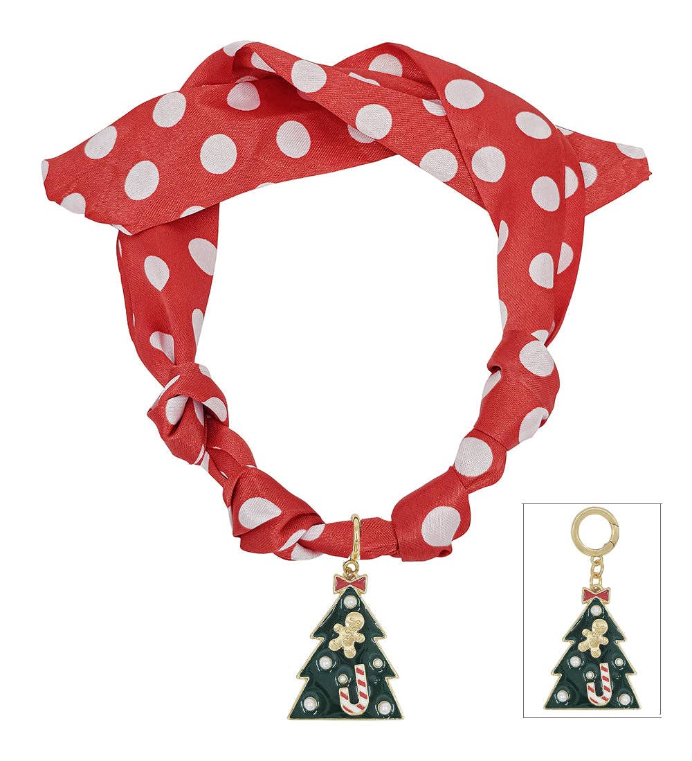 Red and White Dotted with Green Christmas Tree Scarf Necklace