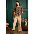BROWN/IVORY POLKA DOT BOW DETAIL SHORT SLEEVES PEPLUM TOP