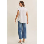 White Ease in Mind Textured Cotton Pleated Tunic Button-Down Shirt