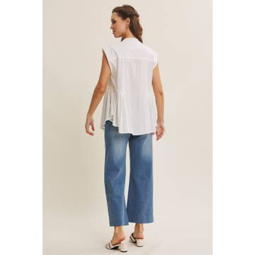 White Ease in Mind Textured Cotton Pleated Tunic Button-Down Shirt
