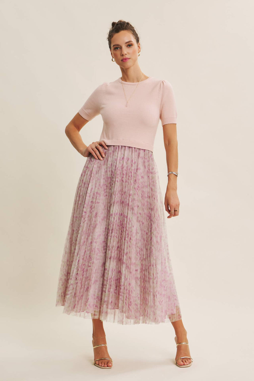 FIELD OF PLEATED WILDFLOWERS SWEATER TWOFER MIDI DRESS: PINK/LILAC