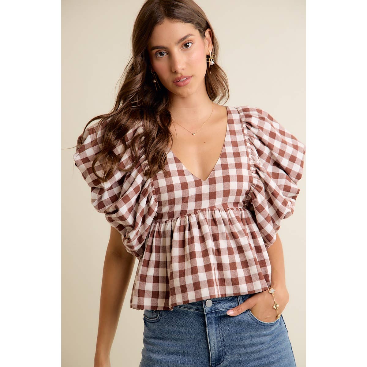 BROWN GINGHAM BUBBLE SLEEVES BACK SMOCKED BLOUSE TOP