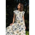 IVORY/BLUE Floral Satin Dolman Blouse and Skirt Set