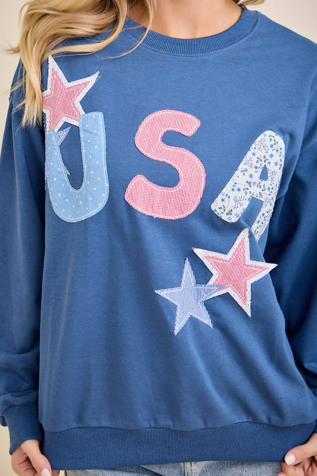 USA Patchwork Star Graphic Sweatshirt: NAVY